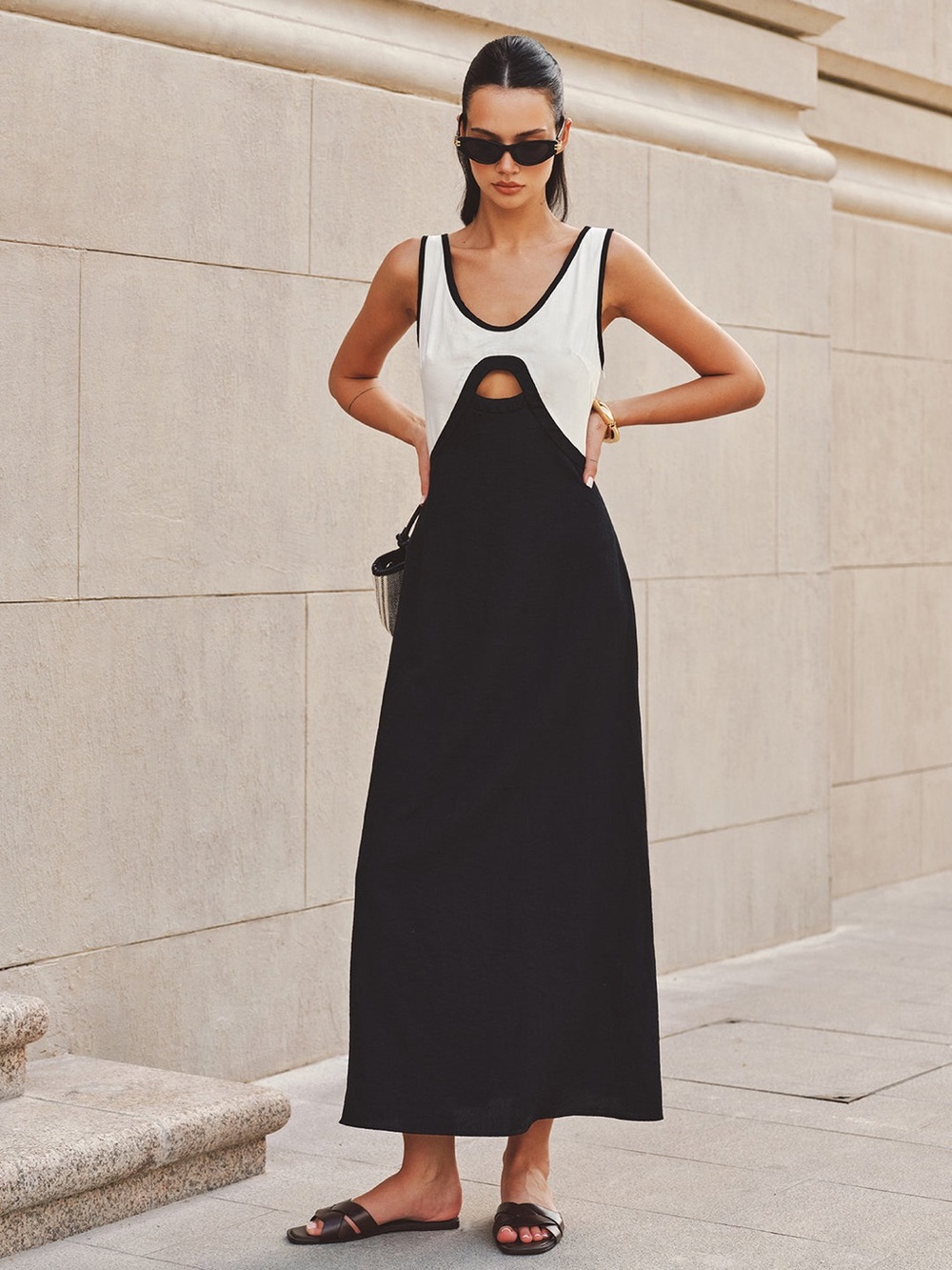 Commense Cutout Color Block Sleeveless Maxi Dress